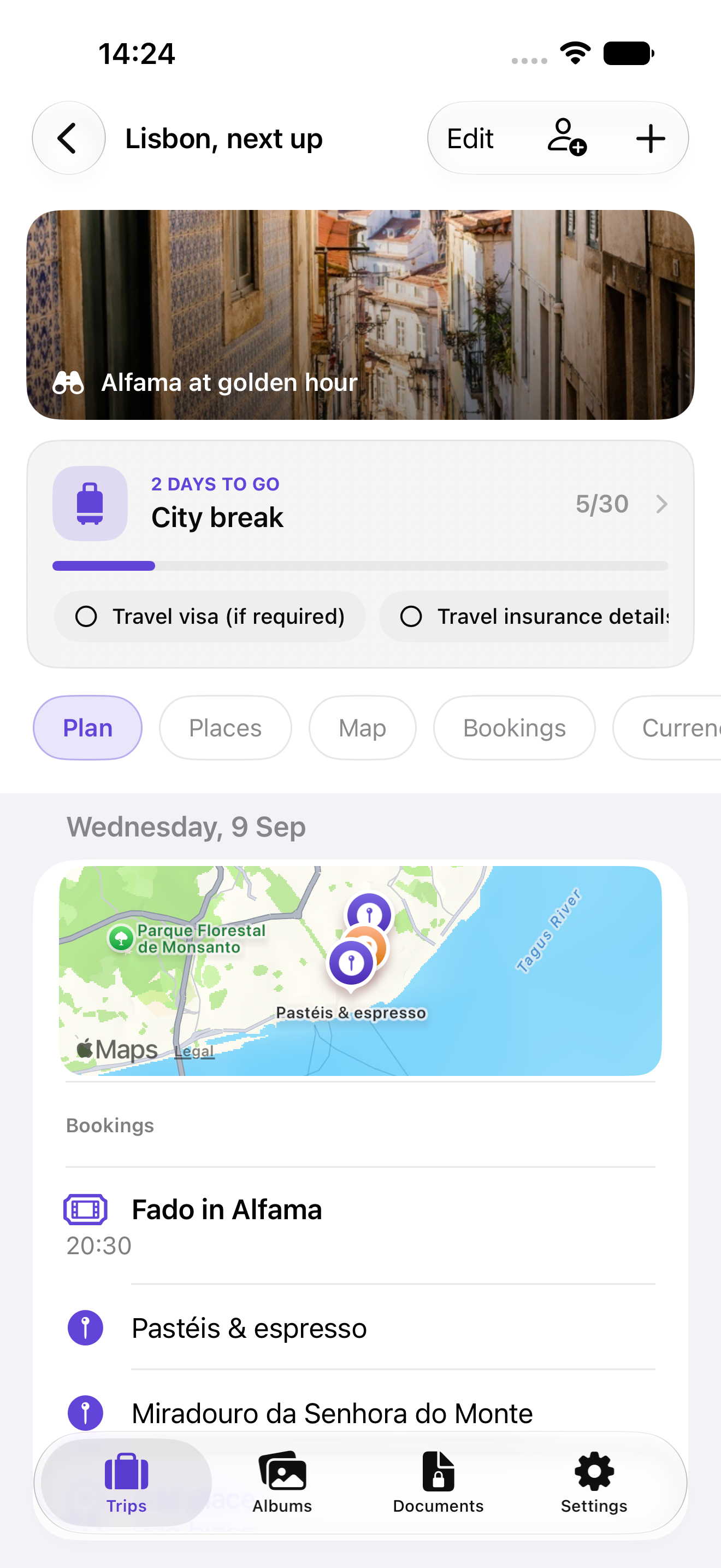 A TravelBud trip plan with saved places and itinerary details